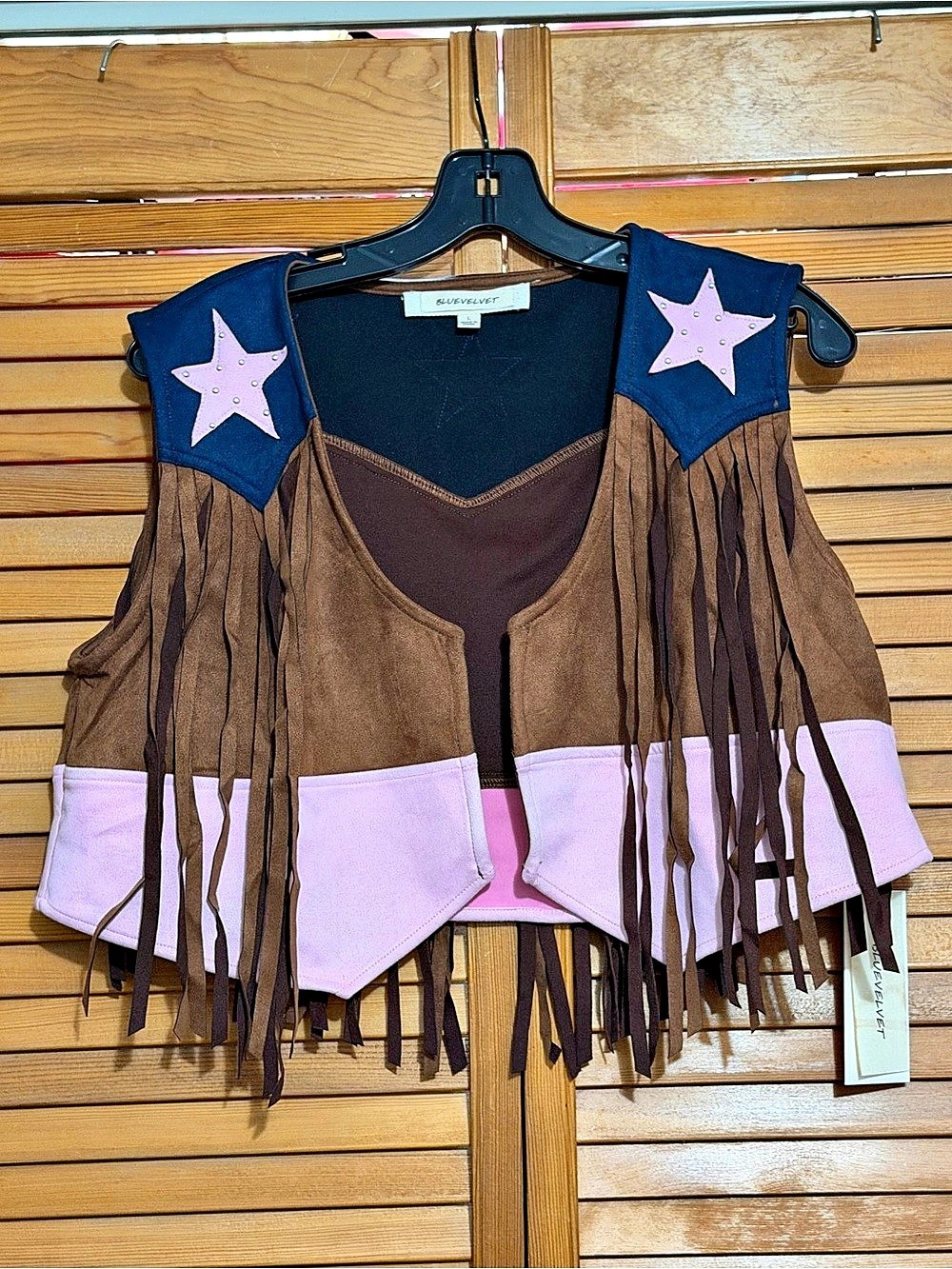 Blue Velvet Western Fringe Star Vest Brown & Blue Large